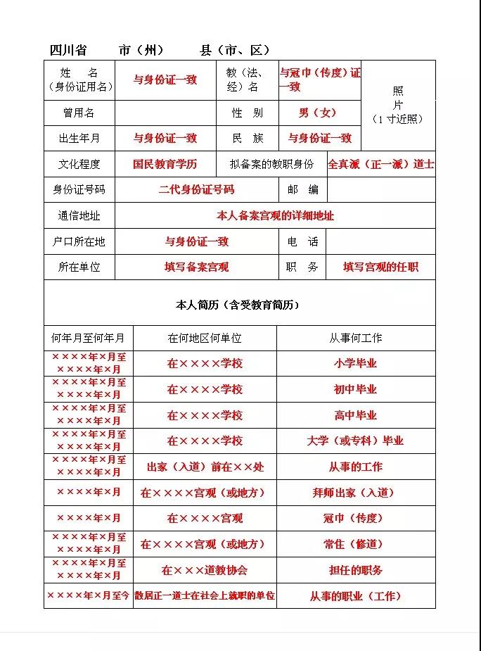 关于规范四川道教教职人员备案表填报标准的通知